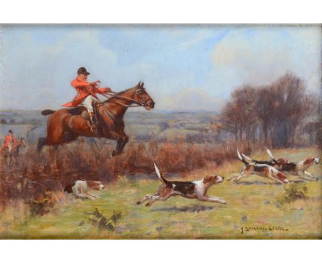 •†JOHN SANDERSON WELLS, RBA, RI (1872-1955) A HUNTING SCENE signed, oil on panel, 15.5 x 23cm ++In fine condition requiring a