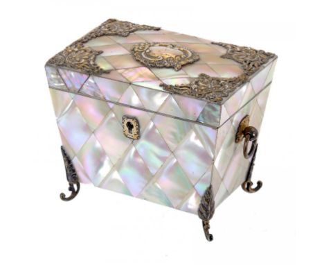 A VICTORIAN EPNS MOUNTED MOTHER OF PEARL TEA CADDY, LATE 19TH C of sarcophagus shape, the interior retaining the original mot