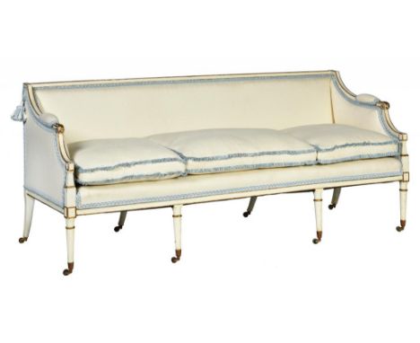 A GEORGE III WHITE AND GILT PAINTED BEECH SOFA, C1800  with swept arms, on eight tapered legs and brass castors, 98cm h; 70 x