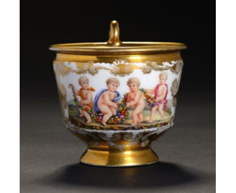 A RARE DAVENPORT CABINET CUP, C1820-25 of empire shape, finely painted with a panel of four children and richly gilt, 7.5cm h