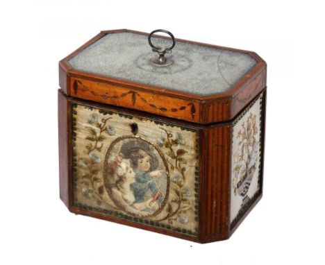 A GEORGE III SATINWOOD AND INLAID TEA CADDY INSET WITH FINELY EMBROIDERED AND SEQUIN DECORATED SILK PANELS, C1790  the panel 