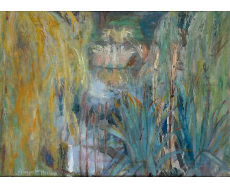 •†MARGARET ROSS HISLOP, RSA, RBA (1895-1972) MALLOWS AND RUSHES IN THE ROYAL BOTANIC GARDENS EDINBURGH  signed, signed again 