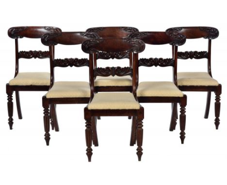 A SET OF SIX VICTORIAN CARVED MAHOGANY DINING CHAIRS, C1840 with slip seats, 89cm h ++Some old worm in the blocks of several 