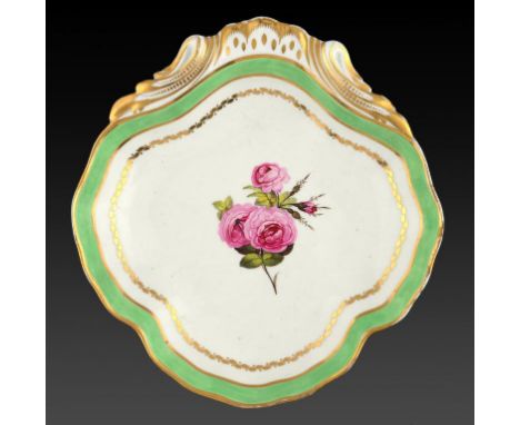 A DERBY SHELL SHAPED DESSERT DISH, C1790  brightly painted to the centre by Wardle with a group of roses, 24.5cm w, puce pain