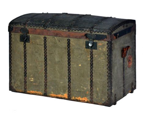 A FRENCH CANVAS COVERED AND IRON BOUND CABIN TRUNK, LATE 19TH C  the coffered lid   applied with an oval engraved brass namep