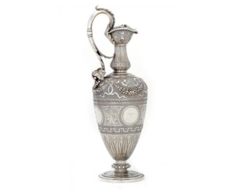A SCOTTISH VICTORIAN SILVER CLARET JUG chased and engraved with festooons and scrolling foliage between guillouche and greek 