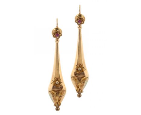 A PAIR OF VICTORIAN RUBY SET GOLD EARRINGS, C1870 applied with a filigree flower, 6.8cm, 7.5g ++In fine condition