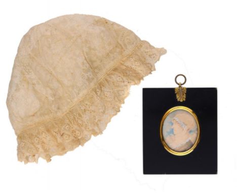 A LACE LADY'S CAP AND A CONTEMPORARY PORTRAIT MINIATURE, EARLY 19TH C the miniature said to be of Margaret Biss, elder daught