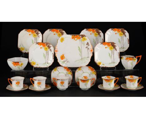 A SHELLEY PRINCESS TEA SERVICE, 1933  decorated with poppies in orange border, two handled plate 24cm w, printed mark, patter
