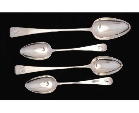 A GEORGE III SILVER BASTING SPOON, ANOTHER AND A PAIR OF TABLESPOONS  Old English pattern, all London, by various makers, 180