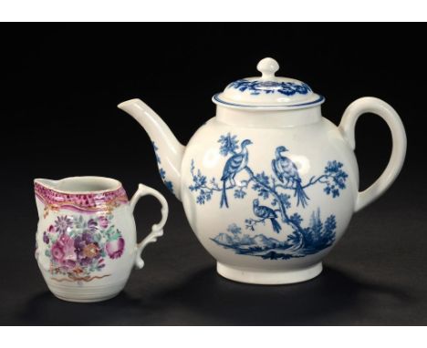 A WORCESTER BARREL SHAPED COMPAGNIE DES INDES CREAM JUG, C1770 AND A WORCESTER TEAPOT AND A COVER, C1780  the teapot transfer