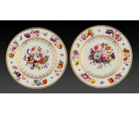 A PAIR OF DERBY PLATES, C1820 attractively painted with flower sprays and insects, 20.5cm diam, red printed circular BLOOR DE