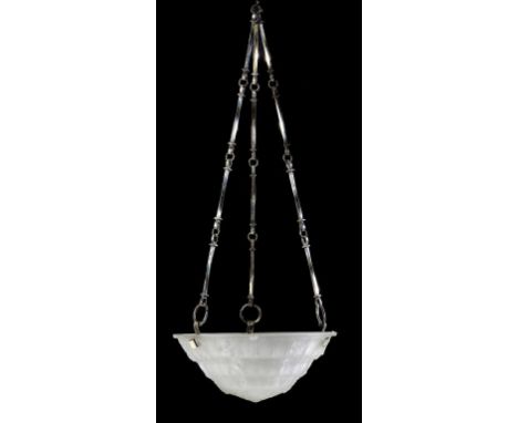 AN ART DECO FROSTED GLASS CEILING LIGHT, C1930  with three chromium plated brass hooks and chains with twisted-rod links, tri