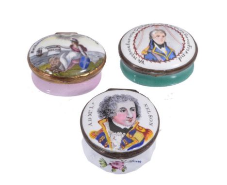 THREE NELSON COMMEMORATIVE ENAMEL PATCH BOXES, C1900 one painted, the others printed and painted with Britannia or portraits,