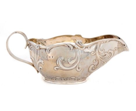 A SCOTTISH VICTORIAN SILVER SAUCE BOAT  with reeded handle, 20cm l, by R & W Sorley, Glasgow 1894, 8ozs ++Light wear, undamag