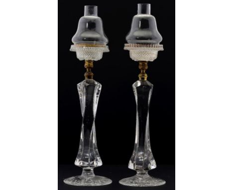 A PAIR OF CLARKE'S PATENT CRICKLITES, C1880  the moulded glass light with pear shaped shade with brass rim stamped CRICKLITE 