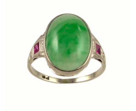 A JADEITE, RUBY AND DIAMOND RING, C1930 in white gold marked 18ct, 3.2g, size J ++A very attractive ring in fine condition, t