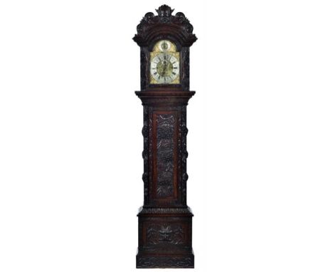 A VICTORIAN CARVED OAK EIGHT DAY LONGCASE CLOCK, C1900 the breakarched and foliate engraved brass dial with silvered chapter 