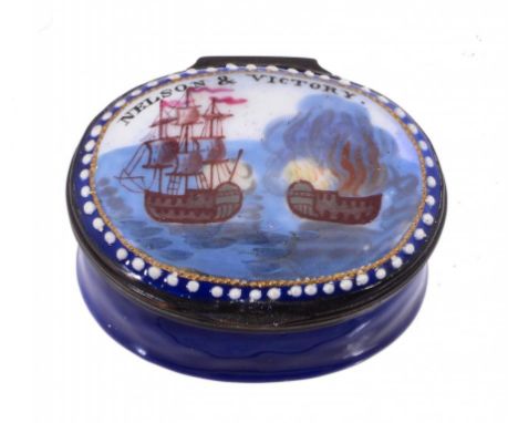 A NELSON COMMEMORATIVE ENAMEL PATCH BOX, C1900 the lid painted with a naval engagement and inscribed NELSON & VICTORY, the ba
