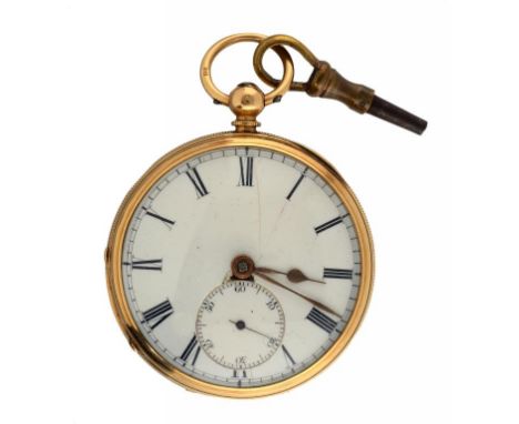 AN ENGLISH 18CT GOLD LEVER WATCH No 95577, milled band, the back engine turned, case maker AW incuse, London 1871, 4.2cm diam