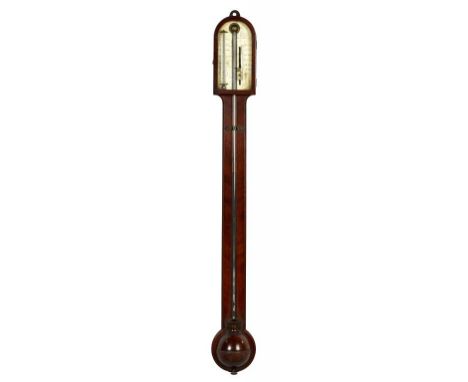 A VICTORIAN MAHOGANY EXPOSED TUBE CISTERN BAROMETER W HARRIS & CO 50 HOLBN LONDON & AT HAMBURG, C1870  with silvered register