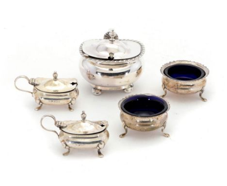 A VICTORIAN SILVER GADROONED OBLONG MUSTARD POT blue glass liner, 7cm h, by Nathan & Hayes, Chester 1896,  a pair of later sm