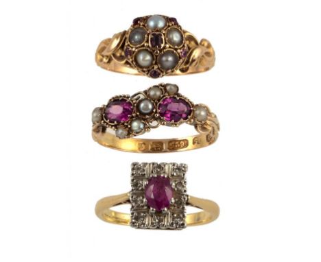 TWO VICTORIAN GEM SET RINGS, 1874 AND CIRCA of foiled rubies and split pears or amethysts and split pearls, in 18 or 15ct gol