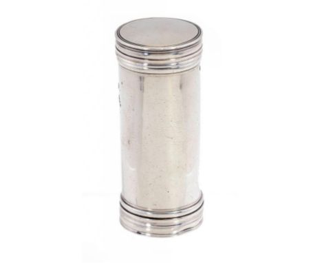 A GEORGE III SILVER NUTMEG GRATER, C1800 cylindrical with hinged side revealing the curved rasp, 6.5cm h, maker's mark only, 