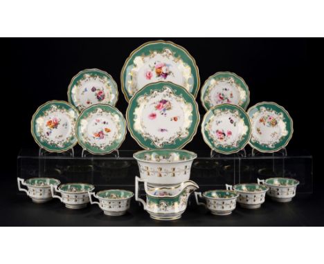 A JOHN RIDGWAY GREEN GROUND TEA SERVICE, C1825  painted with a loose bouquet and scattered flowers, jug 10cm h, pattern 2/130
