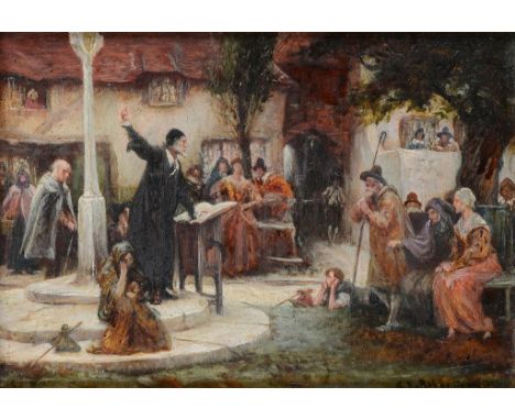 GEORGE EDWARD ROBERTSON (1864-1926)  PREACHING AT A MARKET CROSS signed, oil on board, 11.5 x 17cm  ++In good condition requi