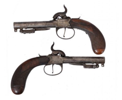 A PAIR OF 60 BORE PERCUSSION  POCKET PISTOLS, J & W RICHARDS, LONDON with rifled barrel, folding bayonet, signed and engraved
