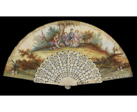 A FRENCH BONE FAN, LATE 19TH C the leaf painted with a fete galante, the silvered and gilt guards and sticks with mother of p