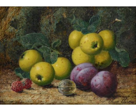 OLIVER CLARE (1853-1927) FRUIT ON A MOSSY BANK; A BIRD'S NEST AND BLOSSOM a pair, both signed, oil on canvas, 14 x 19cm (2) +