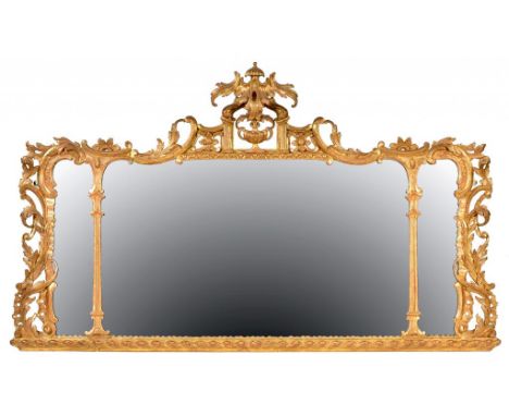 A VICTORIAN ROCOCO STYLE GILTWOOD OVERMANTEL MIRROR , LATE 19TH C 91cm h, 155cm w ++Regilt, probably in the 1960s or 70s.  Th