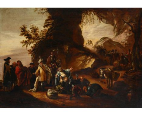 DUTCH SCHOOL TRAVELLERS IN A ROBBERS' DEN  oil on oak panel, 60 x 83cm ++The medium a little thin in places and the pigments 