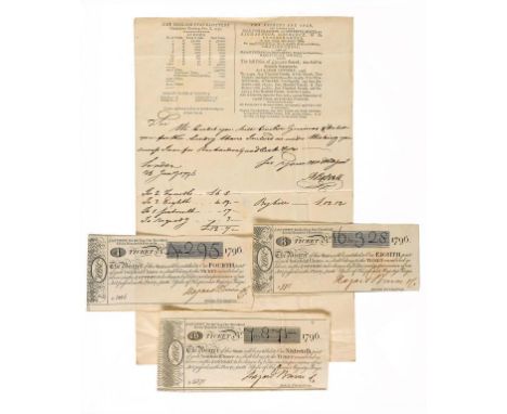 ENGLISH STATE LOTTERY.  THREE TICKETS, 1796 for 1/4th, 1/8th and 1/16th of a share, sealed, red stamp verso of HAZARD & CO LO