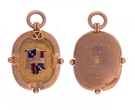 SOCCER.  BIRMINGHAM DISTRICT AND COUNTY FOOTBALL ASSOCIATION 9CT GOLD AND ENAMEL MEDAL, 1894-5 the reverse engraved WINNERS 1