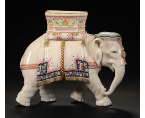 A ROYAL WORCESTER GLAZED PARIAN WARE MODEL OF A RICHLY CAPARISONED ELEPHANT, DESIGNED BY JAMES HADLEY, C1870 with howdah, 19.