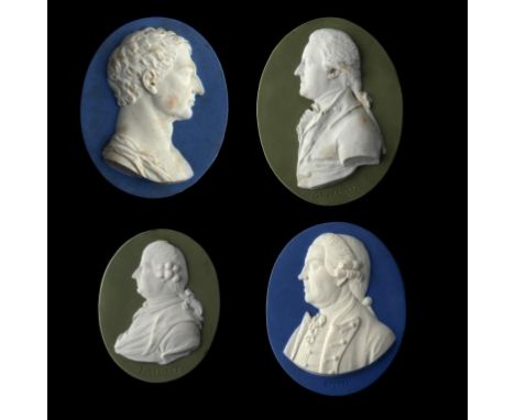 FOUR WEDGWOOD JASPER PORTRAIT MEDALLIONS, 18TH CENTURY comprising George Washington copied from a medal by Voltaire struck in