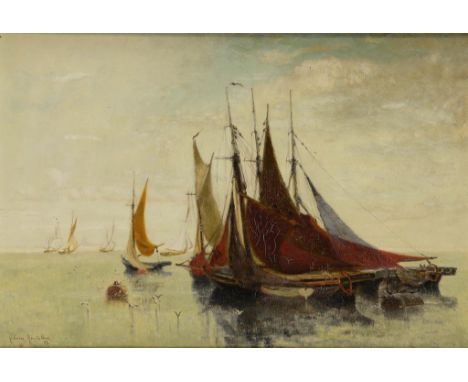 CLARA FREDERICA MONTALBA, RWS (1840-1929) FISHING BOATS AT DAWN  signed and dated '83, oil on canvas, 37 x 54.5cm ++The canva