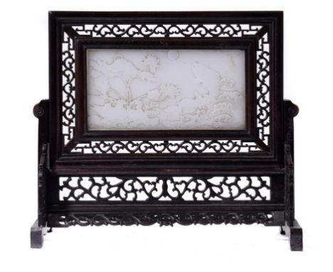 A CHINESE CARVED WOOD TABLE SCREEN WITH WHITE JADE PANEL, 20TH C the panel carved with a carp, the moon and lotus, 33cm h ++I