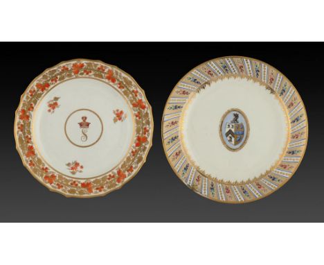 A DERBY ARMORIAL PLATE, C1795  painted with  shield of arms and crest borne on a light blue medallion, 23.5cm diam, puce pain
