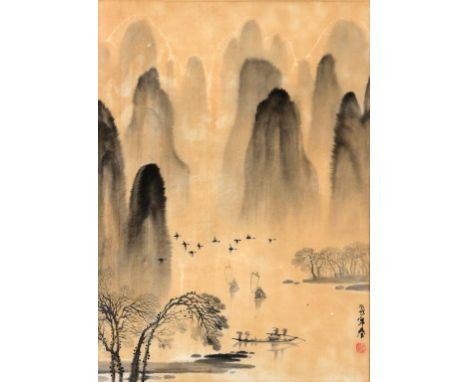 CHINESE SCHOOL, 20TH CENTURY LAKE AND MOUNTAINS brush and ink, signed, with red seal, 62 x 44.5cm  ++Some discolouration unex