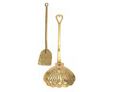 TWO ENGLISH BRASS CREAM SKIMMERS, LATE 18TH/EARLY 19TH C 40 and 47cm l ++Both good examples in fine condition with pleasing l