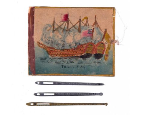 NEEDLEWORK TOOLS.  THREE RARE COMMEMORATIVE STEEL OR GILTMETAL BODKINS, DATED 1805-1837 impressed NELSON'S Dh & VICTORY OCT 2