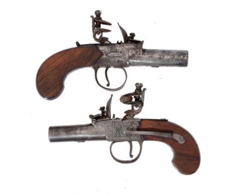 TWO SIMILAR 40 BORE FLINTLOCK  POCKET PISTOLS, ALEXR THOMSON, EDINBURGH OR NOCK [LONDON], C1790 with turn off barrel, signed 