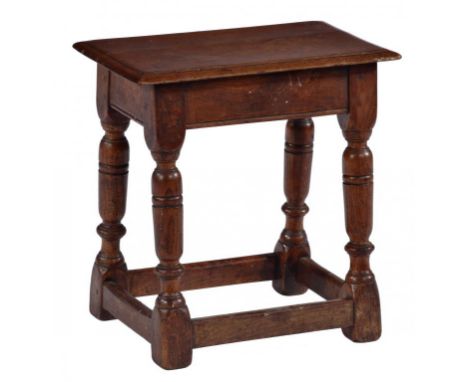 AN OAK JOINED STOOL, LATE 17TH  C with moulded rails and turned legs, 46cm h; 27 x 44cm ++A genuine example of somewhat light