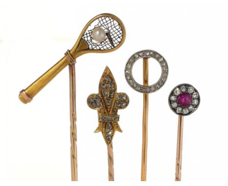 FOUR GEM SET GOLD STICK PINS,  EARLY 20TH C the terminals in the form of a tennis racquet, fleur de lys, circle or cluster, 8