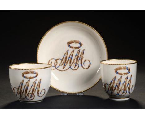 A DERBY MONOGRAMMED TRIO, C1790  of bute shape, finely painted with the initials MM beneath a chaplet, saucer 13.5cm diam, pu