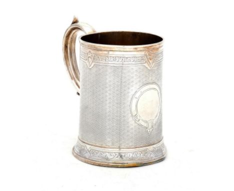 A VICTORIAN SILVER MUG  engine turned between engraved borders, 13cm h, by William Hunter, London 1866, 11ozs 10dwts ++Light 